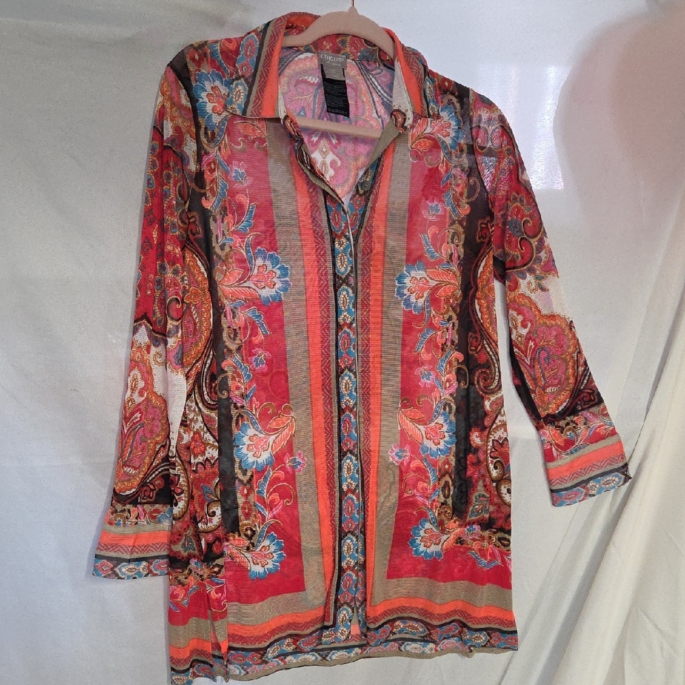Chico's Vibrant Orange Mesh Paisley Blouse 0Petite